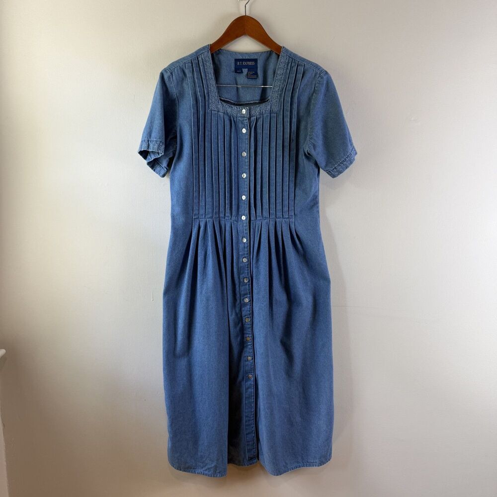 Vintage 90s Chambray Pintuck Pleated Dress | Prairie Cottage Denim Midi - Picture 4 of 16